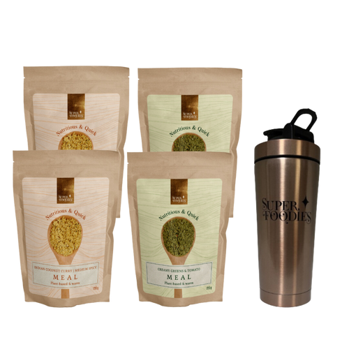 MEALS ACTIE 4 stuks met korting Indian Coconut Curry + Creamy Greens & Tomato - Superfoodies - 4x 720 gram = 2x 9 maaltijden + gratis nieuwe Warmhoudbeker