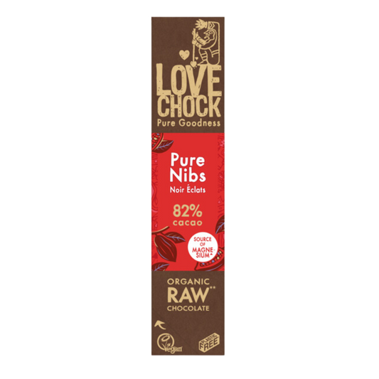 Chocolade puur nibs: 82% koudgemalen cacao met knapperige cacaonibs