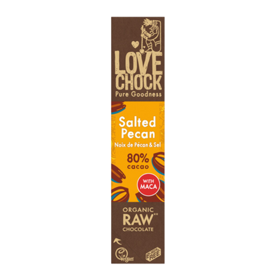 Lovechock Gezouten Pecan: Rauwe Biologische Chocoladereep met Pecannoten, Maca & Zeezout