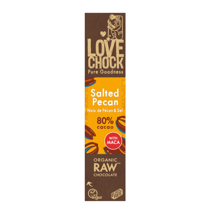 Lovechock Gezouten Pecan: Rauwe Biologische Chocoladereep met Pecannoten, Maca & Zeezout