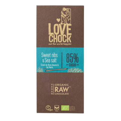Lovechock Sweet Nibs & Zeezout: Rauwe Biologische Chocoladereep met Cacaonibs, Dadels & Zeezout