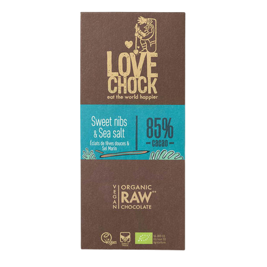Lovechock Sweet Nibs & Zeezout: Rauwe Biologische Chocoladereep met Cacaonibs, Dadels & Zeezout