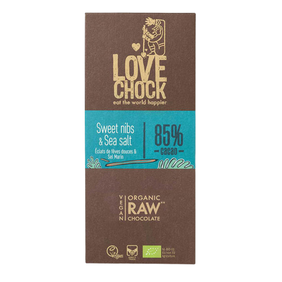 Lovechock Sweet Nibs & Zeezout: Rauwe Biologische Chocoladereep met Cacaonibs, Dadels & Zeezout