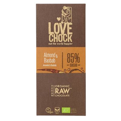 Lovechock Amandel & Baobab: rauwe biologische chocoladereep met amandelstukjes & Baobab