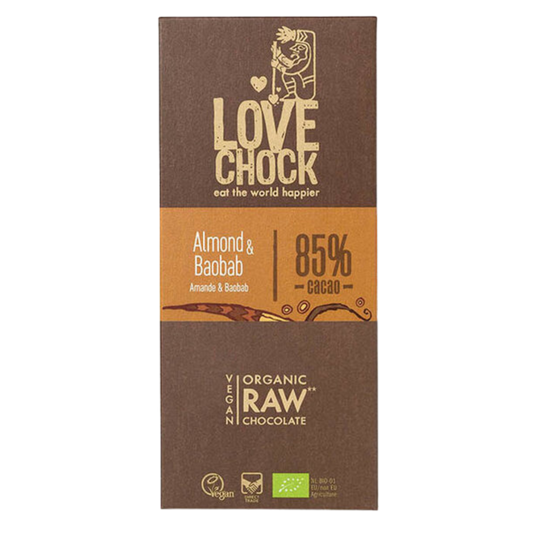 Lovechock Amandel & Baobab: rauwe biologische chocoladereep met amandelstukjes & Baobab