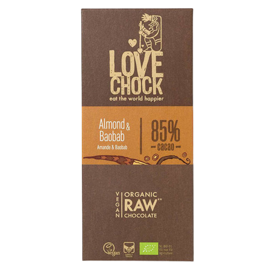 Lovechock Amandel & Baobab: rauwe biologische chocoladereep met amandelstukjes & Baobab