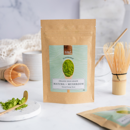 Biologische matcha van Superfoodies met Lion’s Mane, mijn persoonlijke favoriet voor focus en energie.