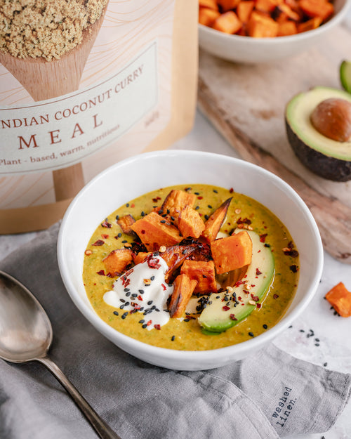 MEALS ACTIE 4 stuks met korting  Indian Coconut Curry + Creamy Greens & Tomato - Superfoodies - 4x 720 gram = 2x 9 maaltijden + gratis nieuwe Warmhoudbeker