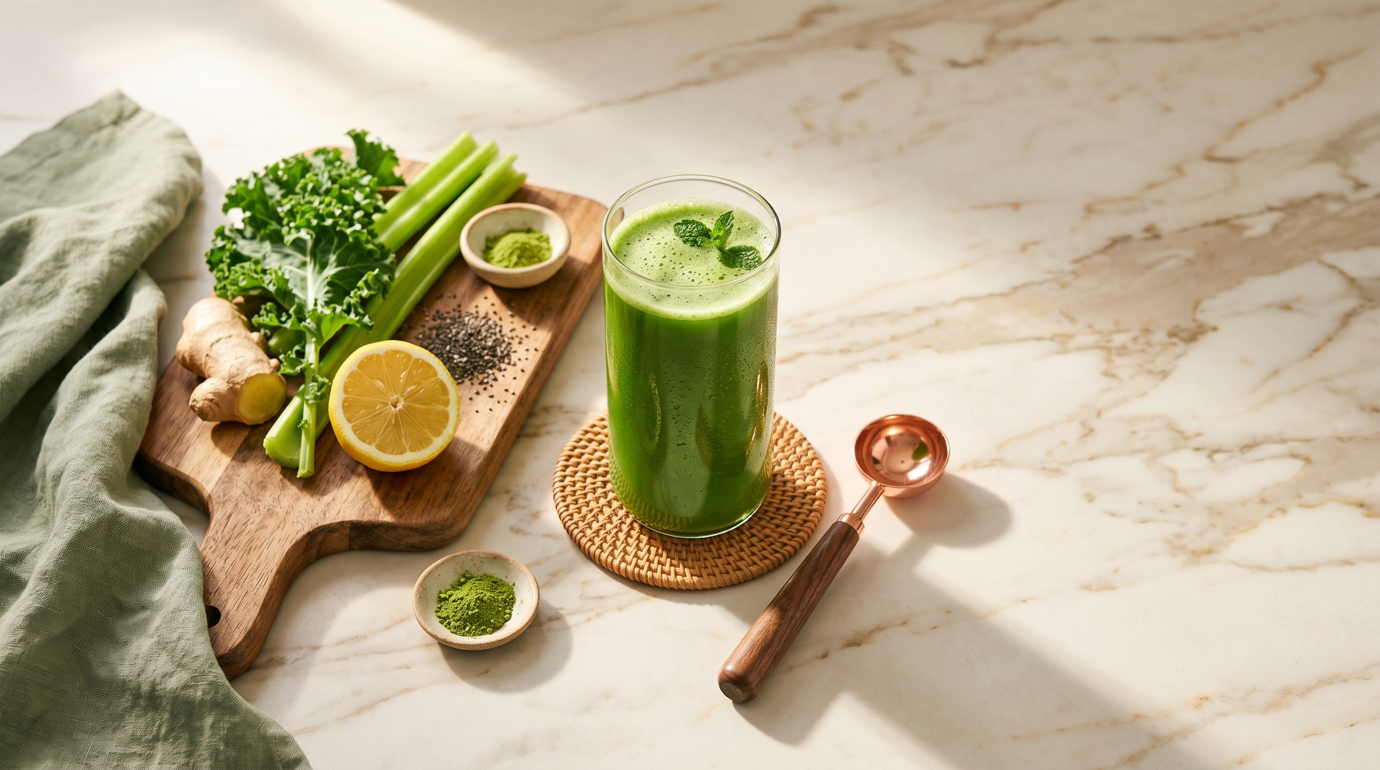 Glas verse green juice met copper measuring scoop en gesneden superfood ingredi&euml;nten &mdash; kale, citroen, gember, matcha &mdash; op marmer werkblad