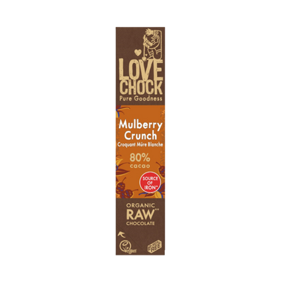 Chocolade moerbei crunch: rauwe koudgemalen cacao met zoete moerbeien