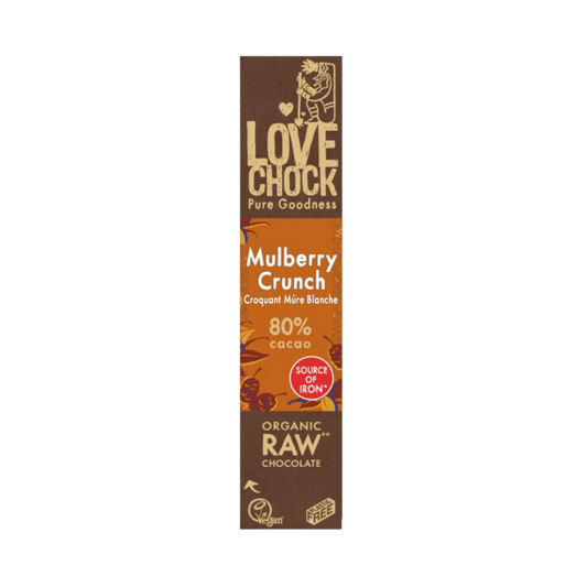Chocolade moerbei crunch: rauwe koudgemalen cacao met zoete moerbeien