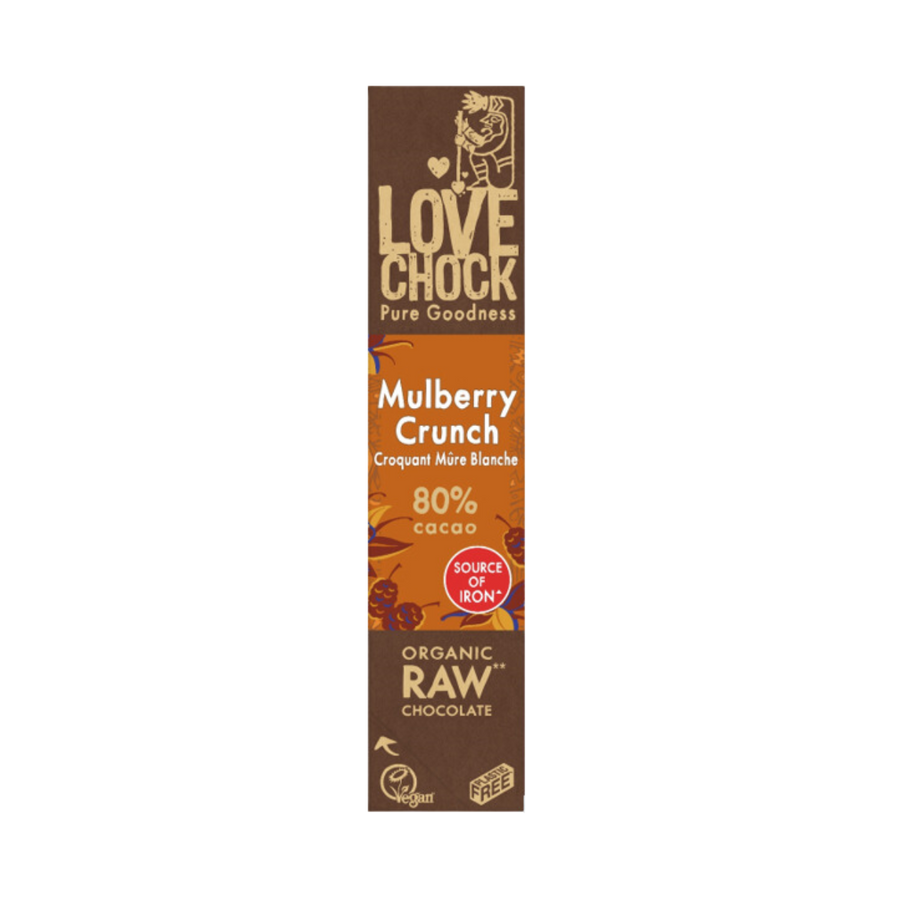 Chocolade moerbei crunch: rauwe koudgemalen cacao met zoete moerbeien