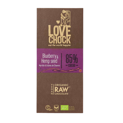 Chocolade (raw) tablet bosbessen en hennepzaad - BIO - Lovechock - 70 gram