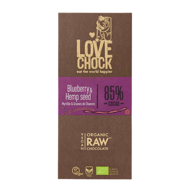 Lovechock Bosbessen & Hennepzaad: Biologische rauwe chocoladereep met bosbessen en hennepzaden