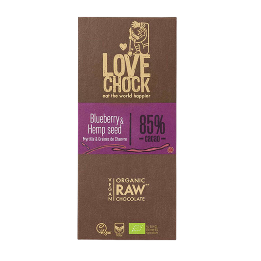 Lovechock Bosbessen & Hennepzaad: Biologische rauwe chocoladereep met bosbessen en hennepzaden