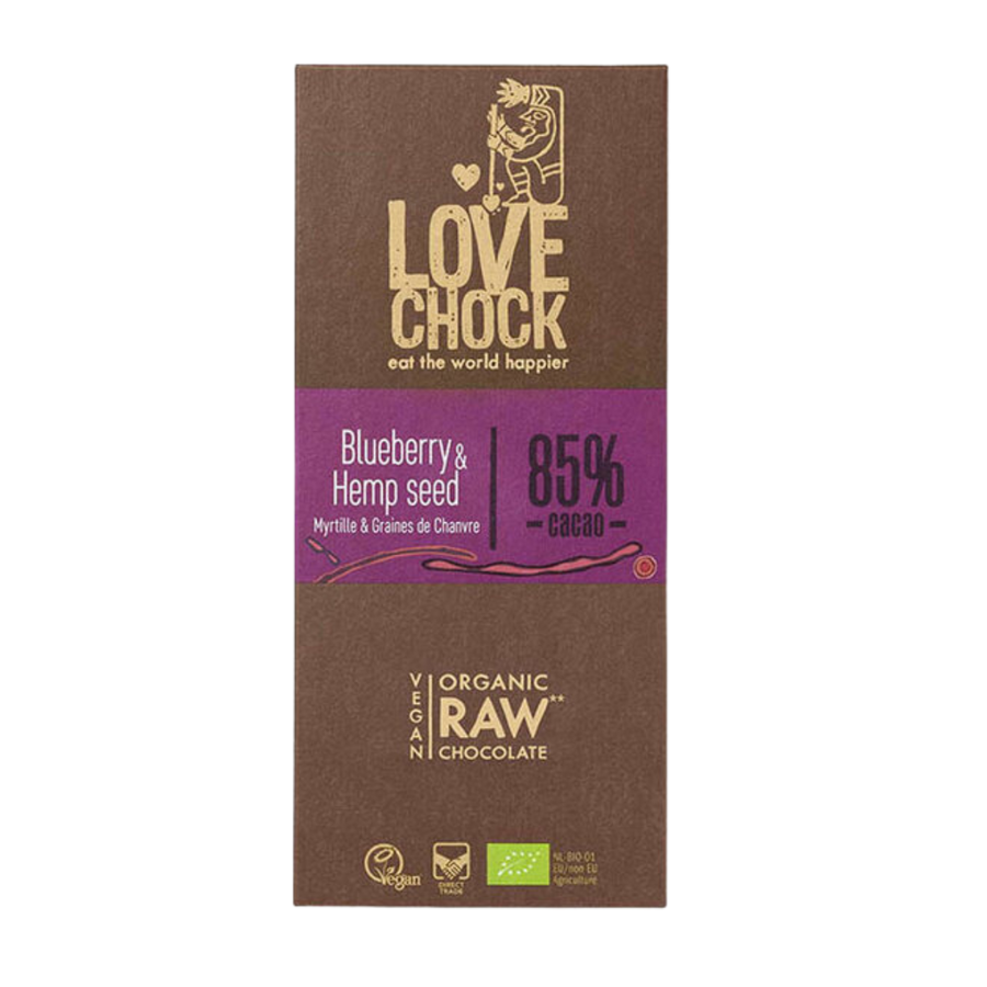 Lovechock Bosbessen & Hennepzaad: Biologische rauwe chocoladereep met bosbessen en hennepzaden