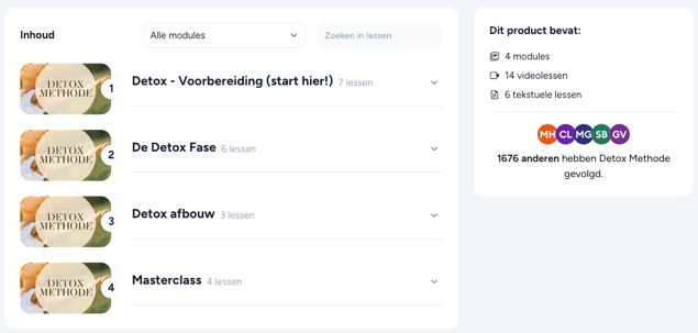Schermafbeelding van het Detox Methode online programma in de Superfoodies Community app &mdash; 4 modules, 14 videolessen, 6 tekstuele lessen